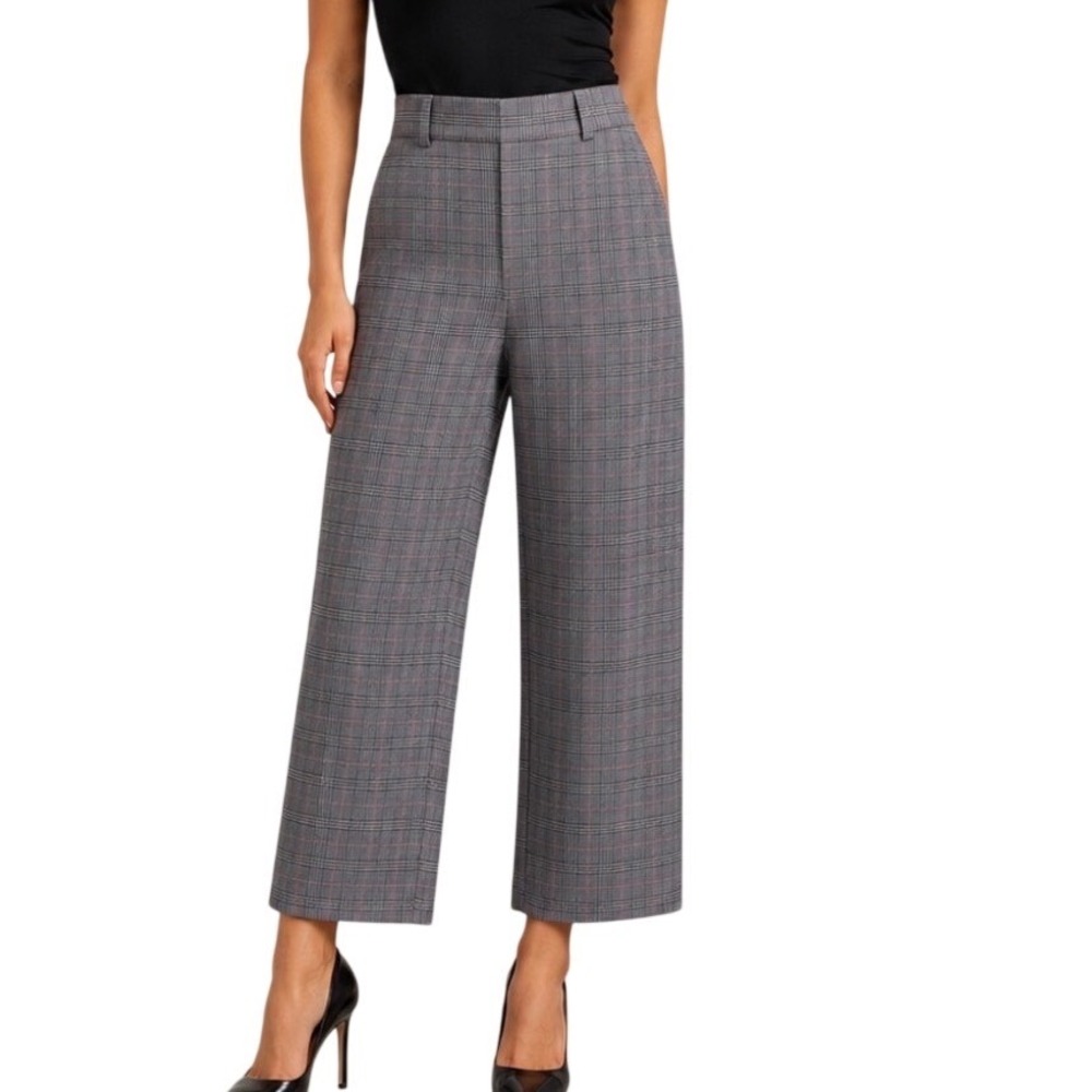 Potter's Pot Women Grey Plaid Wide Leg Pants Size Small Elastic Waist Workwear